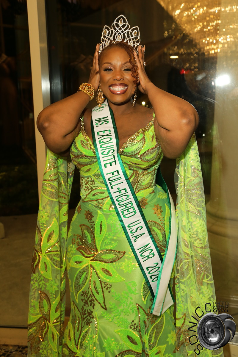 Queen Kris J in her lime green gown and crown, wearing the Ms. Exquisite Full Figured USA NCR sash